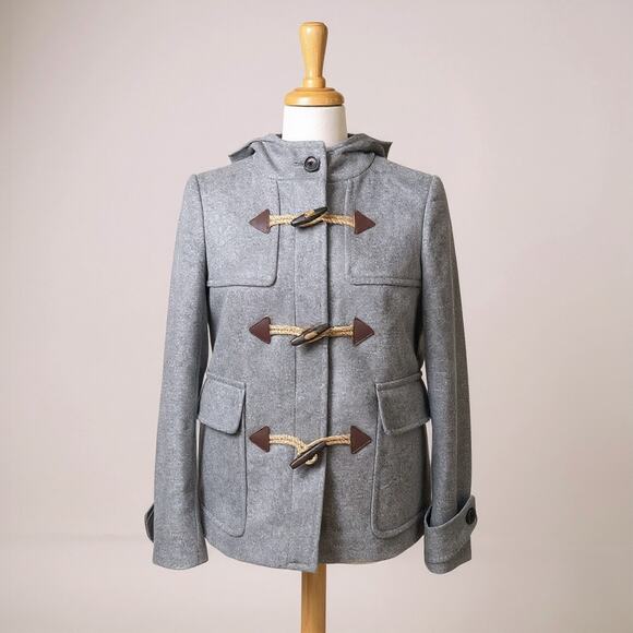 J. Crew Melton Wool Jacket Peacoat Sz 6 Gray Zip Toggle Button Hooded Lined - Picture 1 of 16